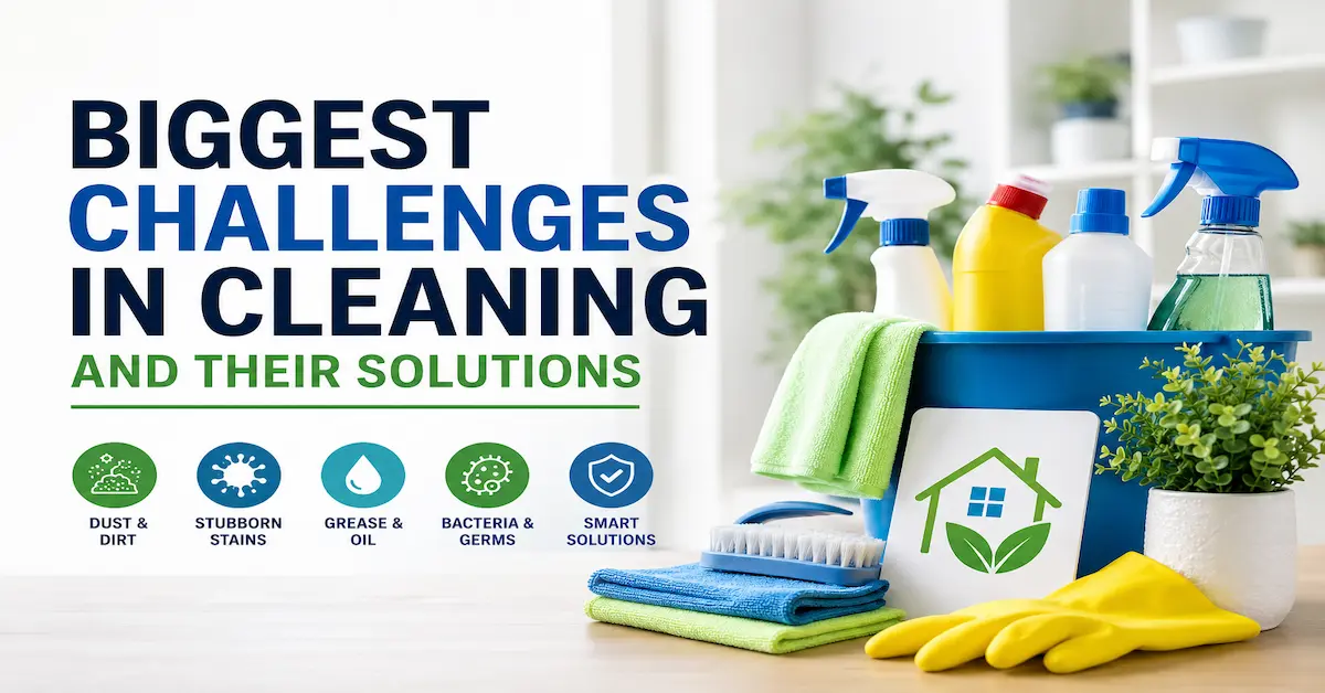 Modern cleaning supplies and hygiene tools displayed in a bright clean room with text about the biggest cleaning challenges and smart cleaning solutions.