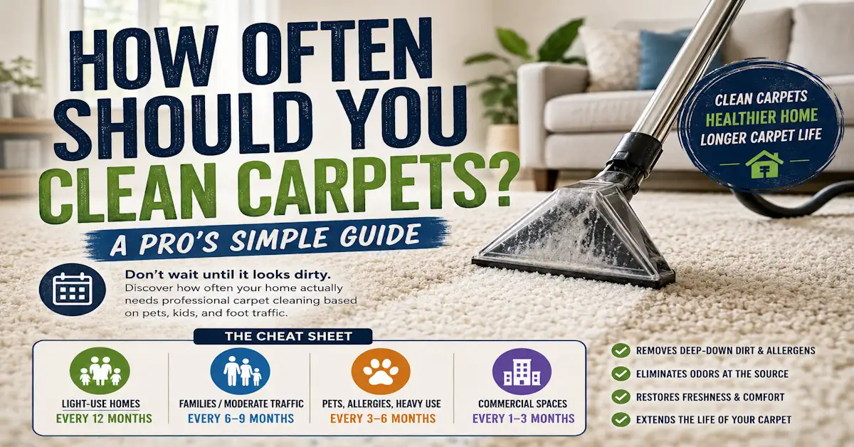 Professional carpet cleaning featured image showing a deep-clean vacuum on a soft living room carpet with text explaining how often carpets should be professionally cleaned based on pets, kids, allergies, and foot traffic.