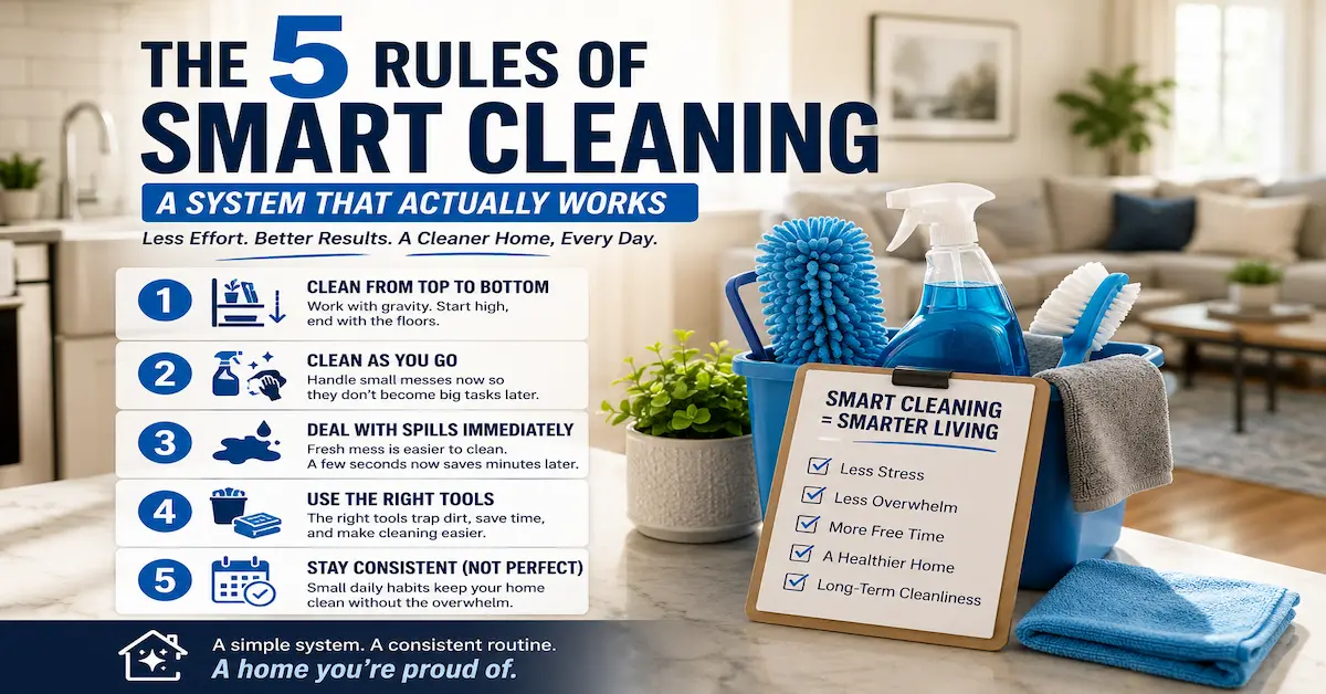 Modern featured image showing cleaning supplies in a bright home with the title “The 5 Rules of Smart Cleaning” and visual tips for efficient home cleaning routines, including top-to-bottom cleaning, cleaning as you go, and staying consistent.