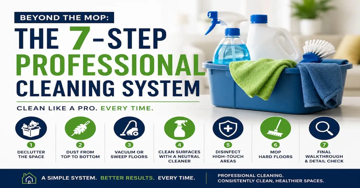 professional cleaning supplies and the 7-step cleaning system workflow including decluttering, dusting, vacuuming, disinfecting, mopping, and final walkthrough.